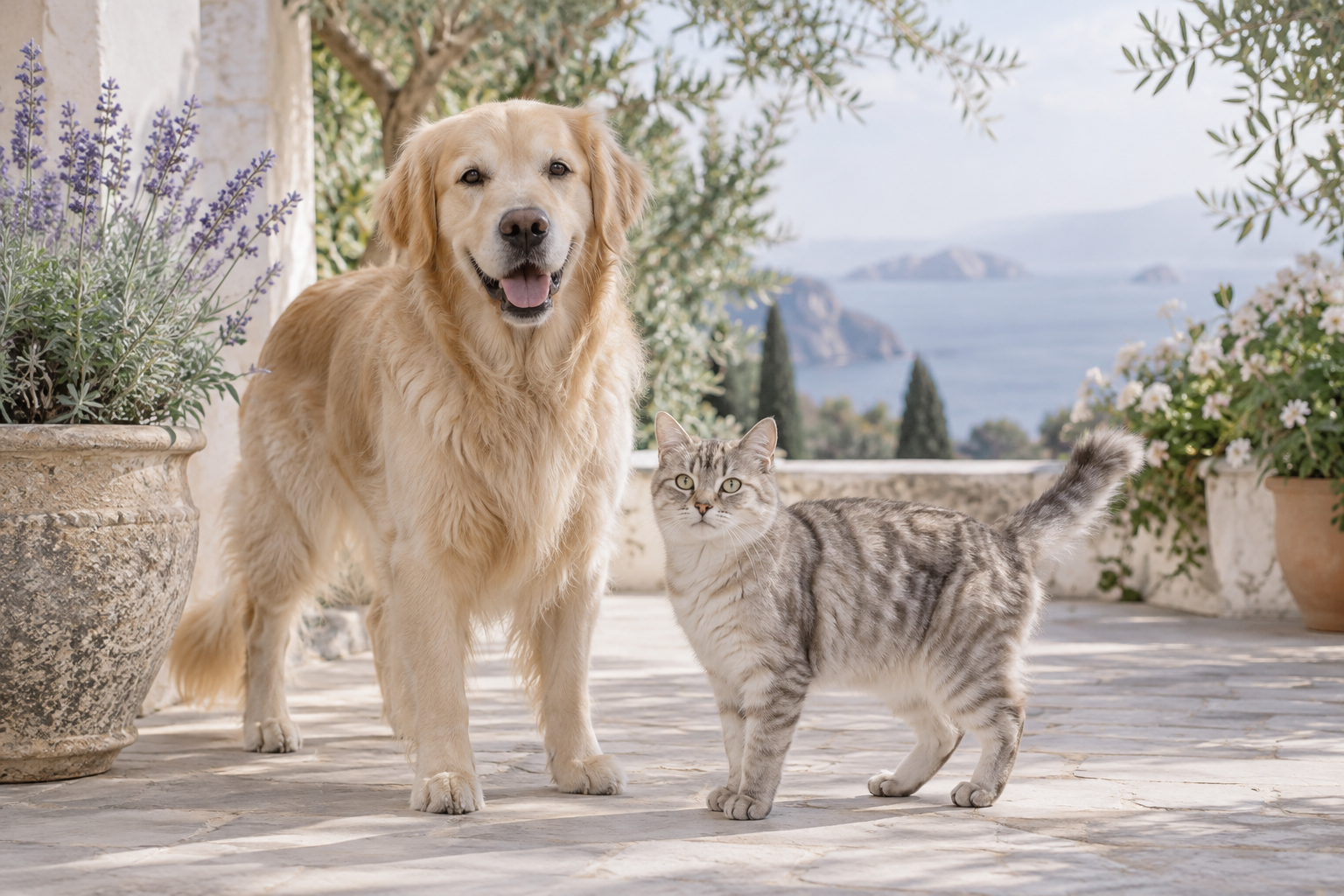明るいテラスで穏やかに過ごす犬と猫